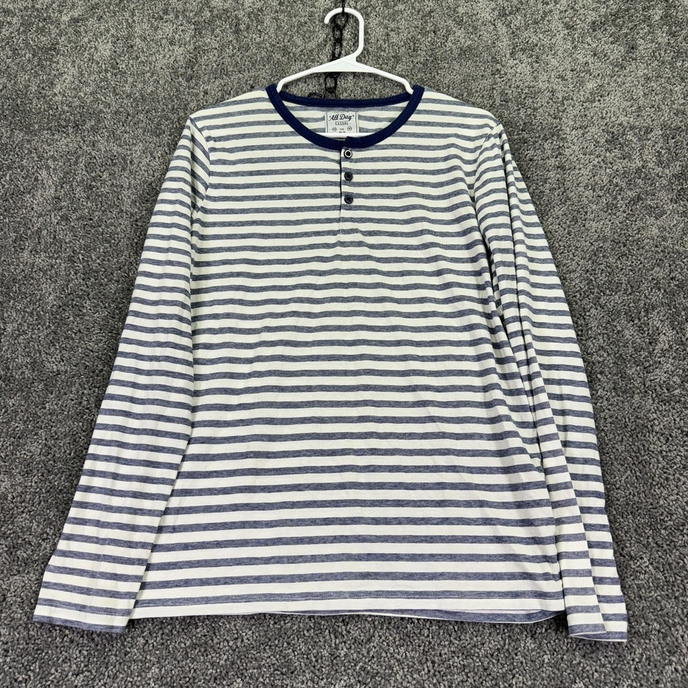 Watsons Henley Shirt Mens Medium Blue White Stripe Long Sleeve Cotton Casual